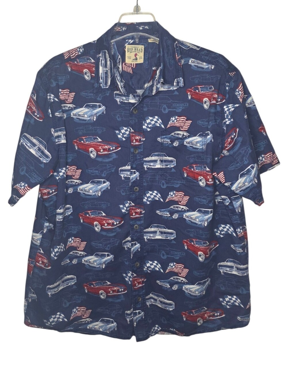 Red Head Brand Vintage Bass Pro Shop 4th Of July Car Graphic Button Down Size XL